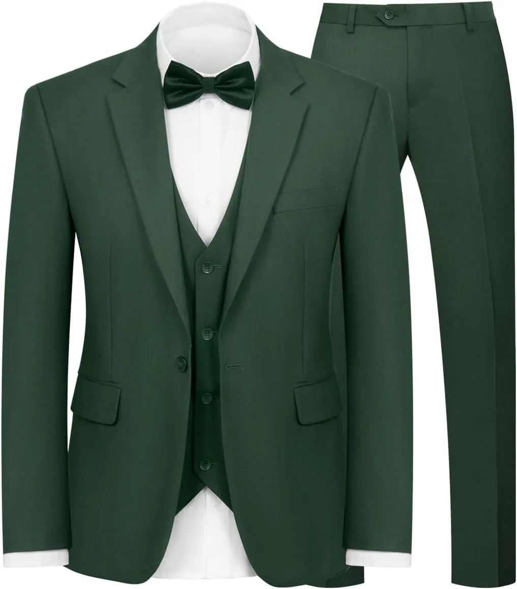 Men's 3-Piece Suit Slim Fit Suit Jacket Single Button Banquet Prom Wedding Suit Jacket Vest Pants and Bow Tie Set
