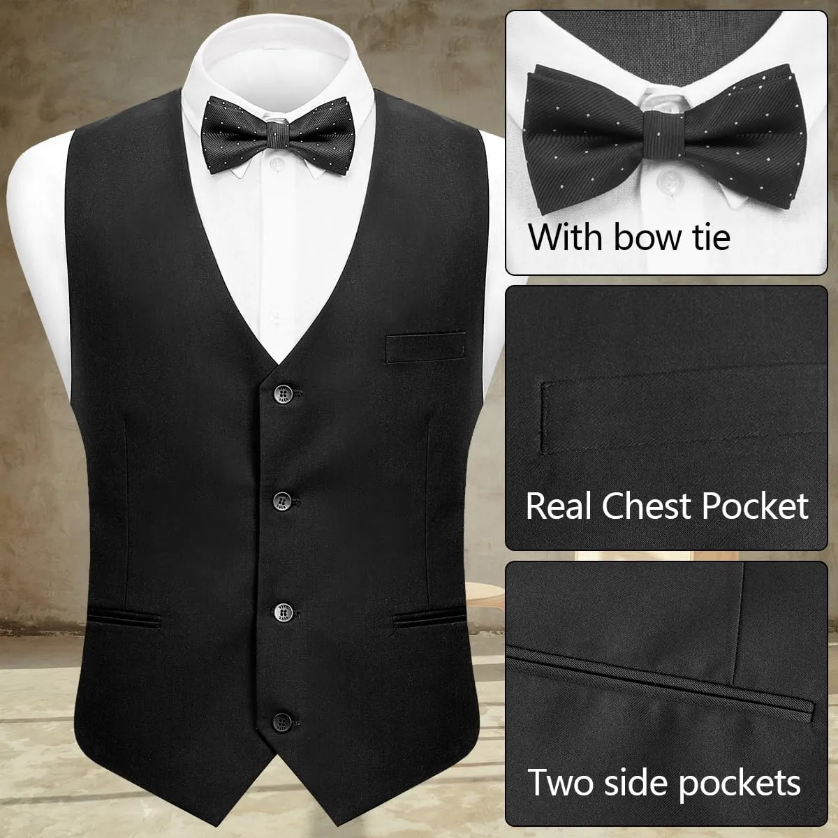 Men's 3-Piece Suit Slim Fit Suit Jacket Single Button Banquet Prom Wedding Suit Jacket Vest Pants and Bow Tie Set