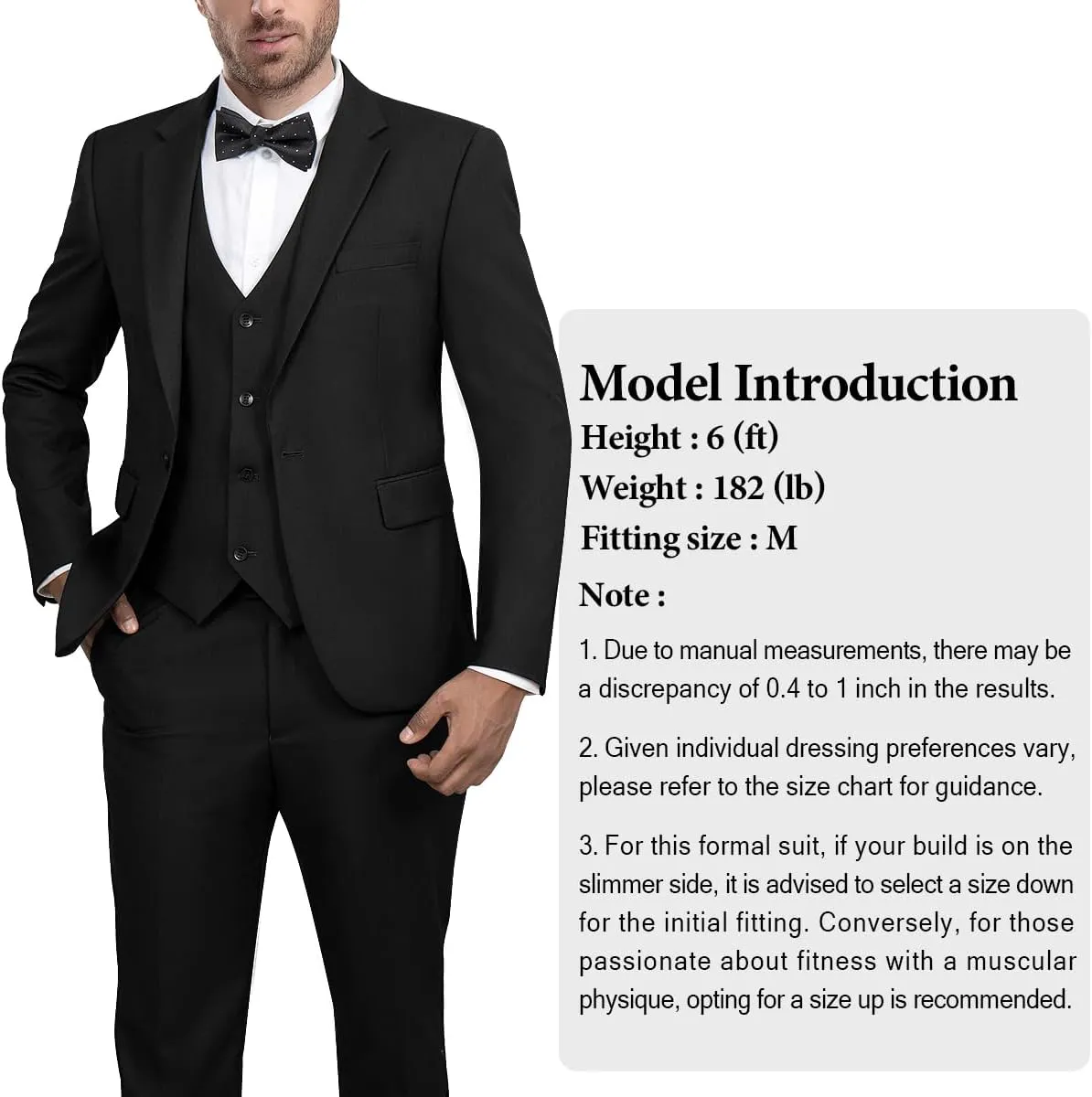 Men's 3-Piece Suit Slim Fit Suit Jacket Single Button Banquet Prom Wedding Suit Jacket Vest Pants and Bow Tie Set