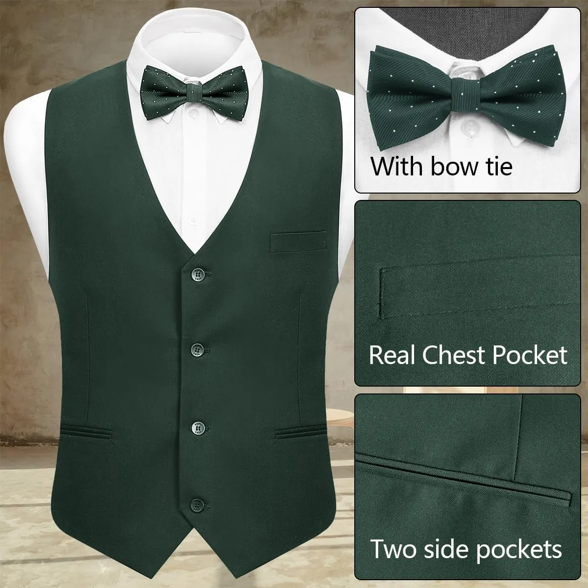 Men's 3-Piece Suit Slim Fit Suit Jacket Single Button Banquet Prom Wedding Suit Jacket Vest Pants and Bow Tie Set