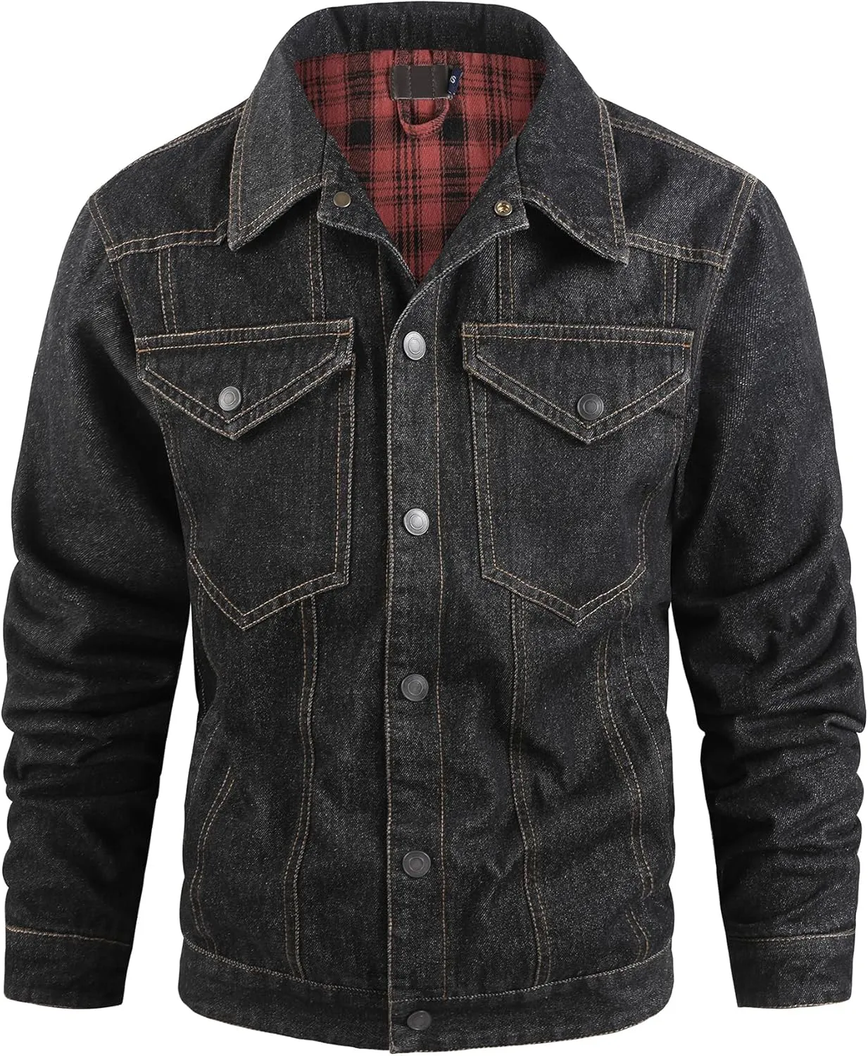 Men's Denim Jacket Lined Flannel Plaid Vintage Cowboy Cut Western Classic Trucker Motorcycle Snap Fall Long Sleeves