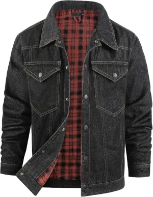Men's Denim Jacket Lined Flannel Plaid Vintage Cowboy Cut Western Classic Trucker Motorcycle Snap Fall Long Sleeves