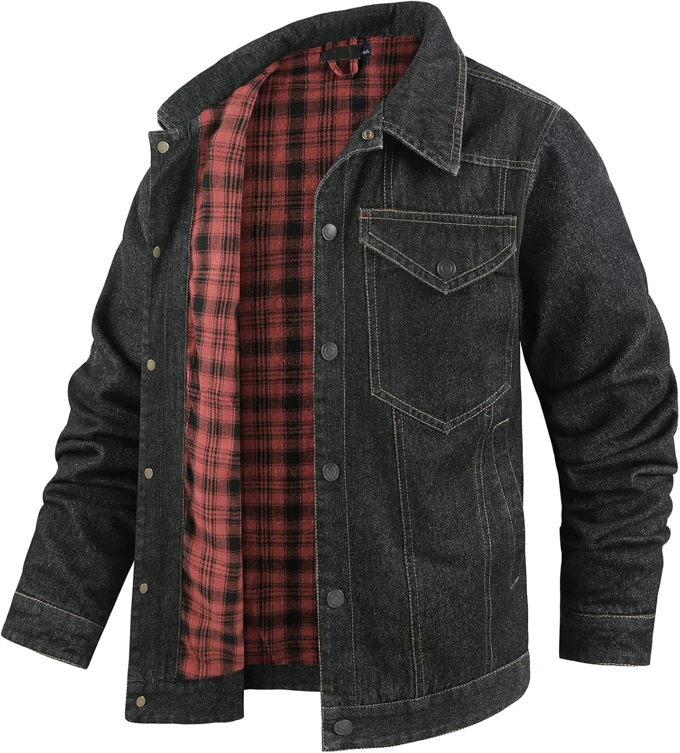 Men's Denim Jacket Lined Flannel Plaid Vintage Cowboy Cut Western Classic Trucker Motorcycle Snap Fall Long Sleeves