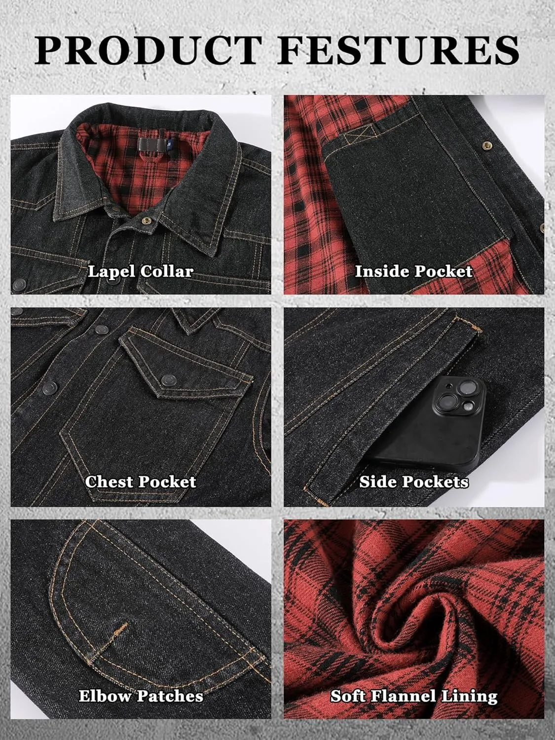 Men's Denim Jacket Lined Flannel Plaid Vintage Cowboy Cut Western Classic Trucker Motorcycle Snap Fall Long Sleeves