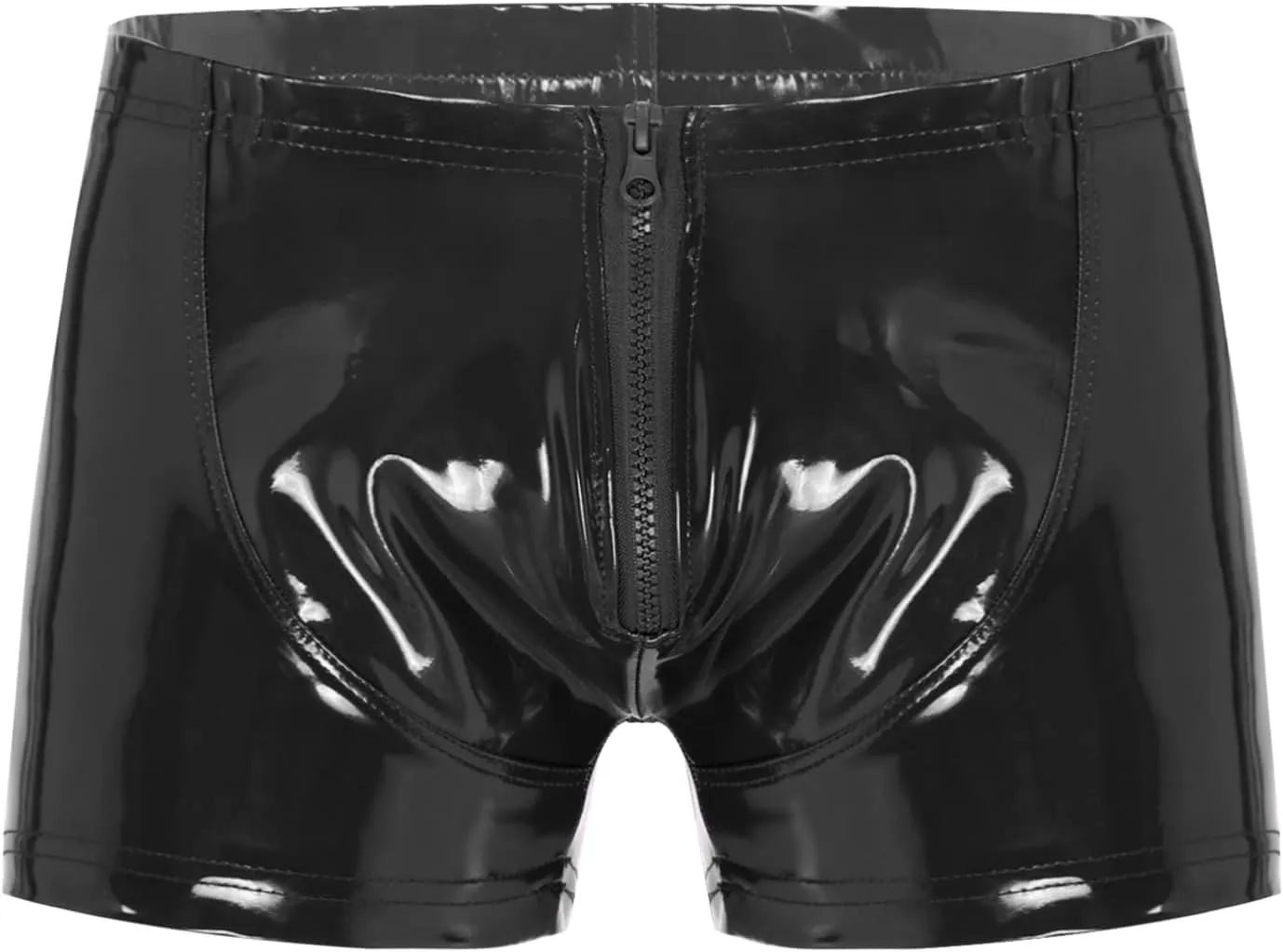 Men's Shiny Metallic PVC Leather Shorts Zipper Front Bulge Pouch Boxer Briefs Club Hot Pants