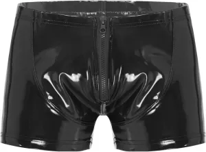 Men's Shiny Metallic PVC Leather Shorts Zipper Front Bulge Pouch Boxer Briefs Club Hot Pants