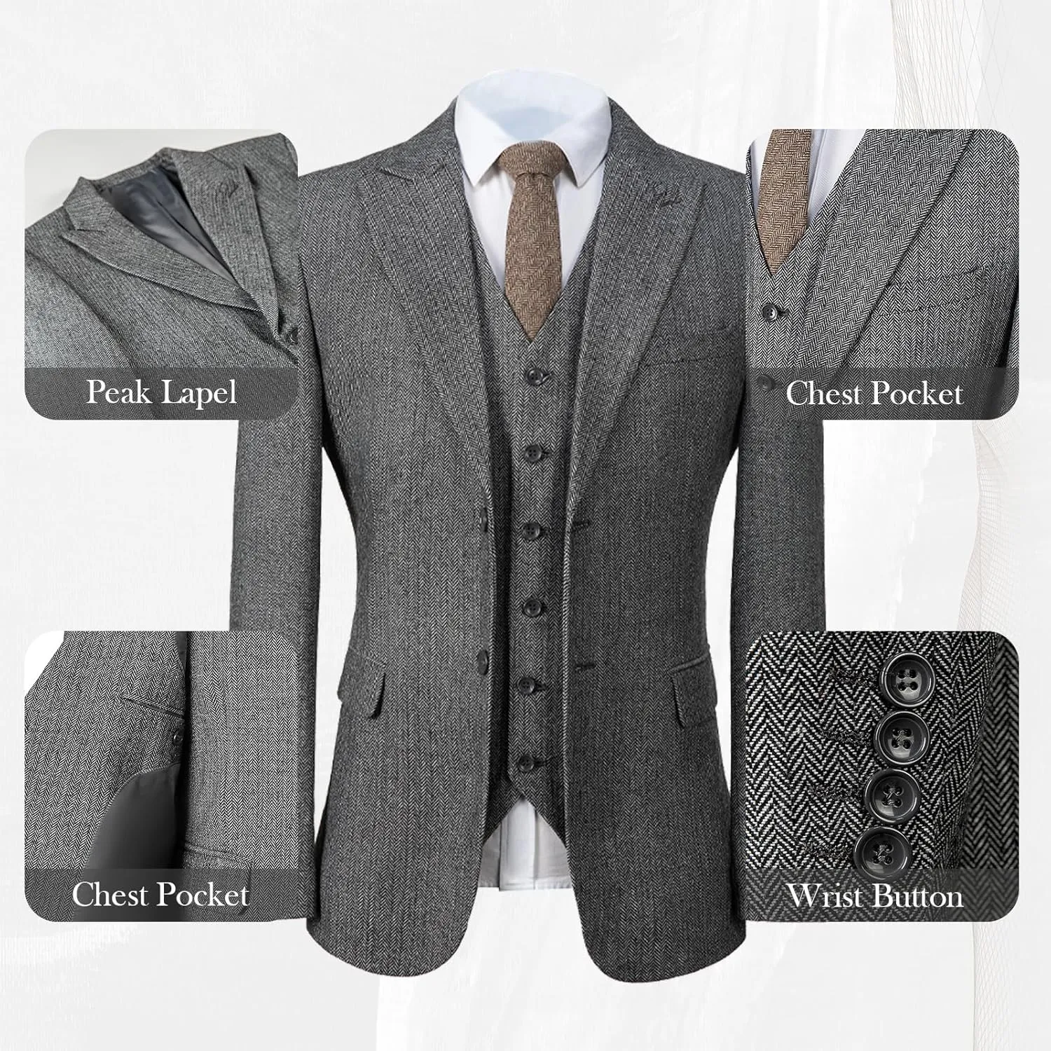 Mens Tweed Herringbone Wedding Suit Prom Tuxedos 3 Piece Peak Lapel Dress