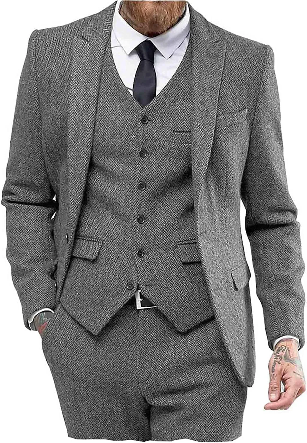 Mens Tweed Herringbone Wedding Suit Prom Tuxedos 3 Piece Peak Lapel Dress
