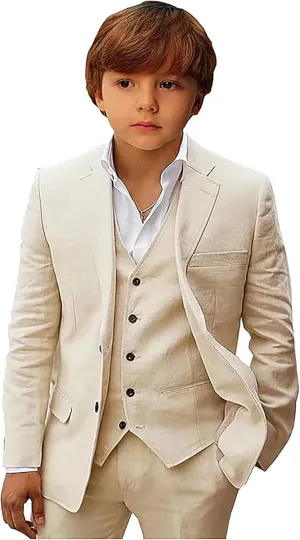 Mi Bo Tong Slim Fit Suit for Boys 3 Pieces Linen Suits Blazer Vest Pants for Wedding Formal Boy Suit Dresswear Tuxedos