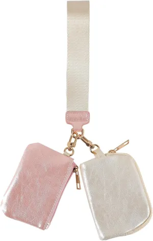 Mini Zip Around Wristlet Wallet for Women - Dual Pouch Keychain Coin Purse, Faux Leather Portable Small Purse with Detachable Strap, Cute Wristlet Wallet for Women (Pink White)