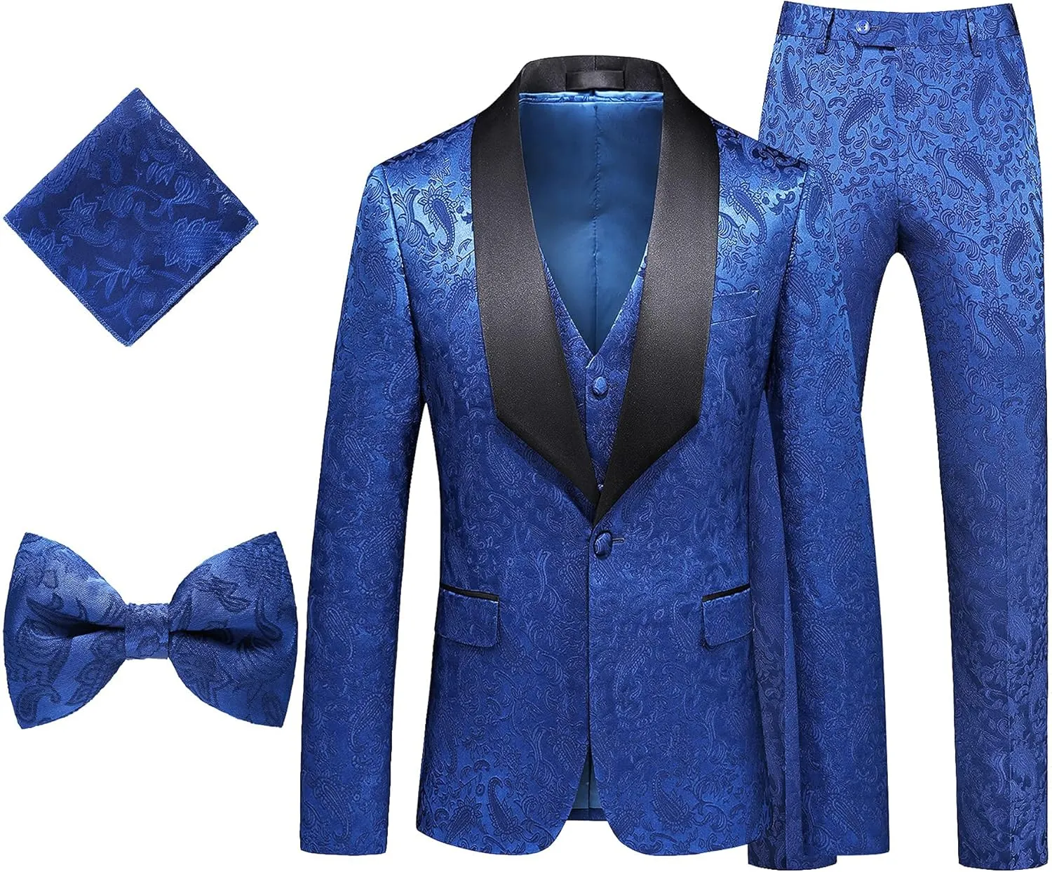 MOGU Mens 3 Piece Tuxedo Slim Fit Jacquard Floral Vintage Groomsmen Wedding Prom Suit
