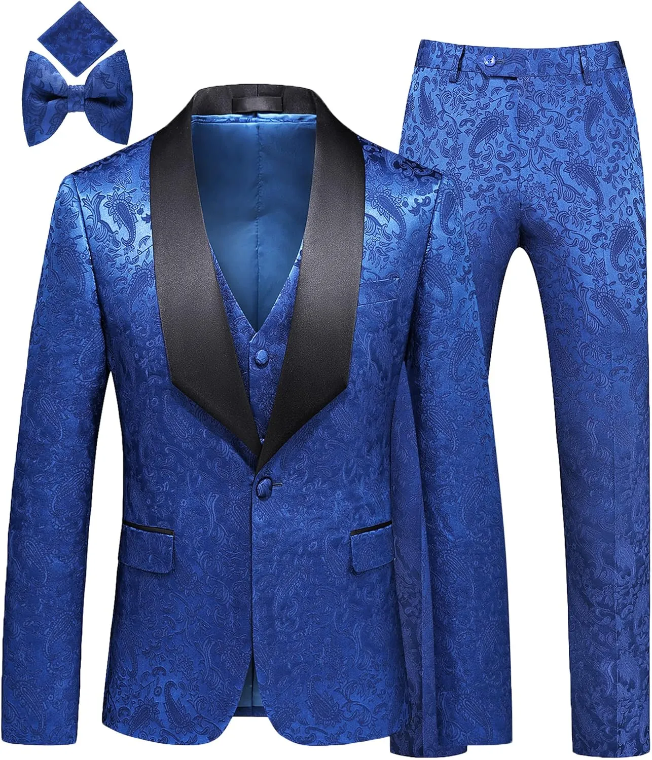 MOGU Mens 3 Piece Tuxedo Slim Fit Jacquard Floral Vintage Groomsmen Wedding Prom Suit