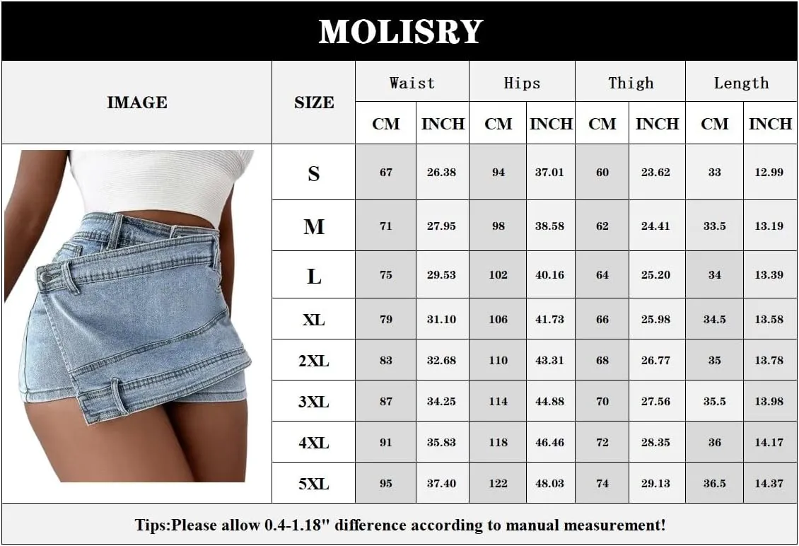 Molisry Women's Denim Shorts Skorts High Waist Double Side Asymmetrical Hem Jean Skort Skirt