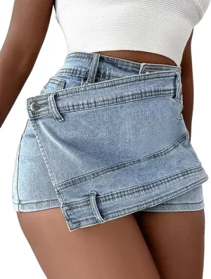 Molisry Women's Denim Shorts Skorts High Waist Double Side Asymmetrical Hem Jean Skort Skirt