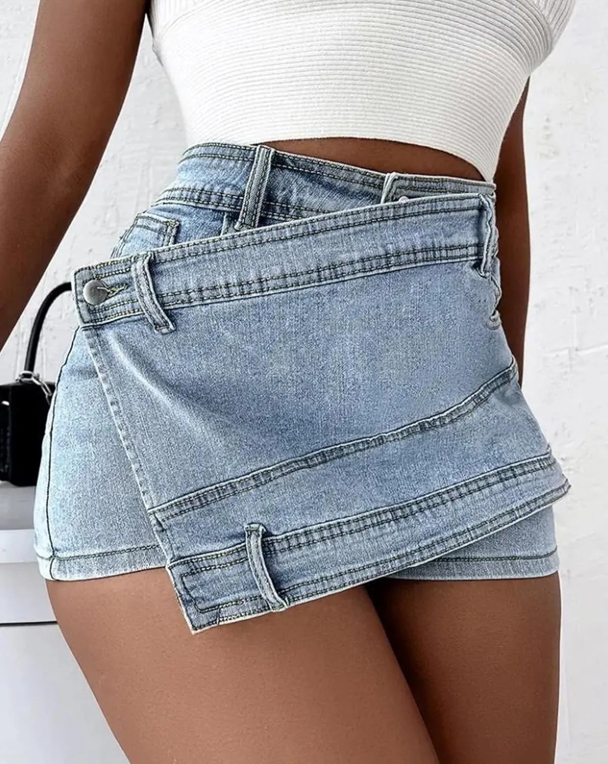 Molisry Women's Denim Shorts Skorts High Waist Double Side Asymmetrical Hem Jean Skort Skirt