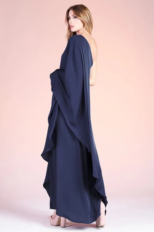 Navy Washed Poly Silk Athena One Shoulder Maxi