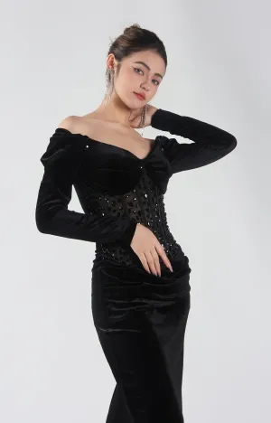 Off-Shoulder Long Bodice Sleeves Appliqued Dresses
