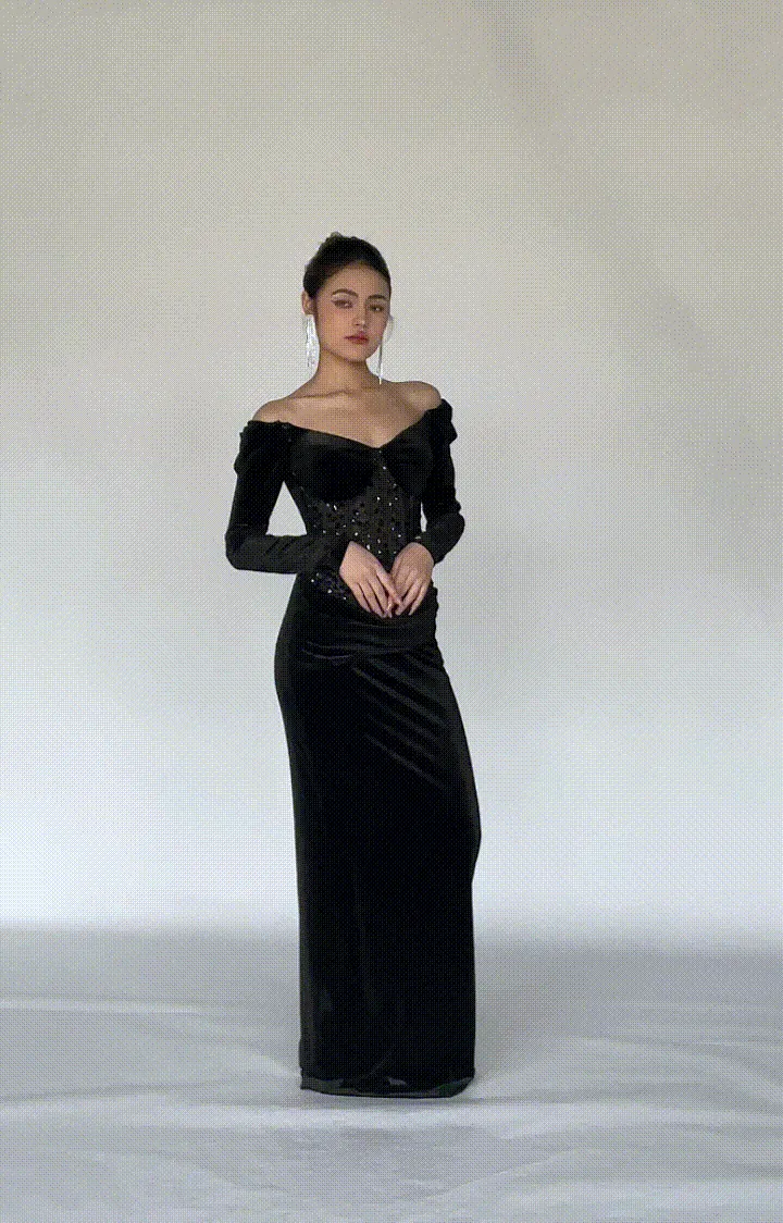 Off-Shoulder Long Bodice Sleeves Appliqued Dresses