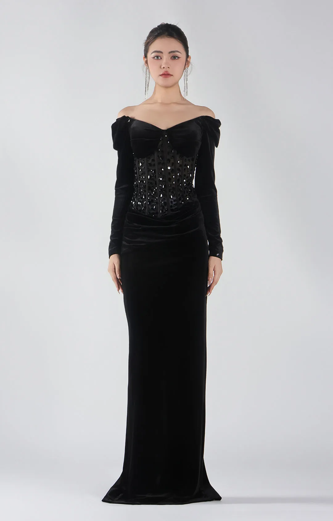 Off-Shoulder Long Bodice Sleeves Appliqued Dresses