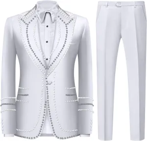Oliexbley Men's 2 Piece Suits Beads One Button Dress Suit Slim Fit Tuxedo Jacket Blazer Pants Set for Wedding Business Prom