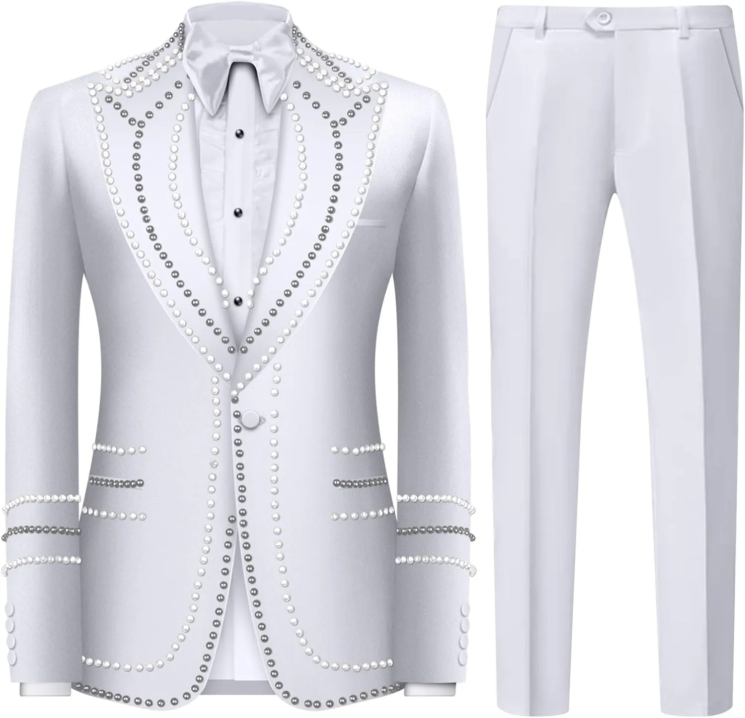 Oliexbley Men's 2 Piece Suits Beads One Button Dress Suit Slim Fit Tuxedo Jacket Blazer Pants Set for Wedding Business Prom