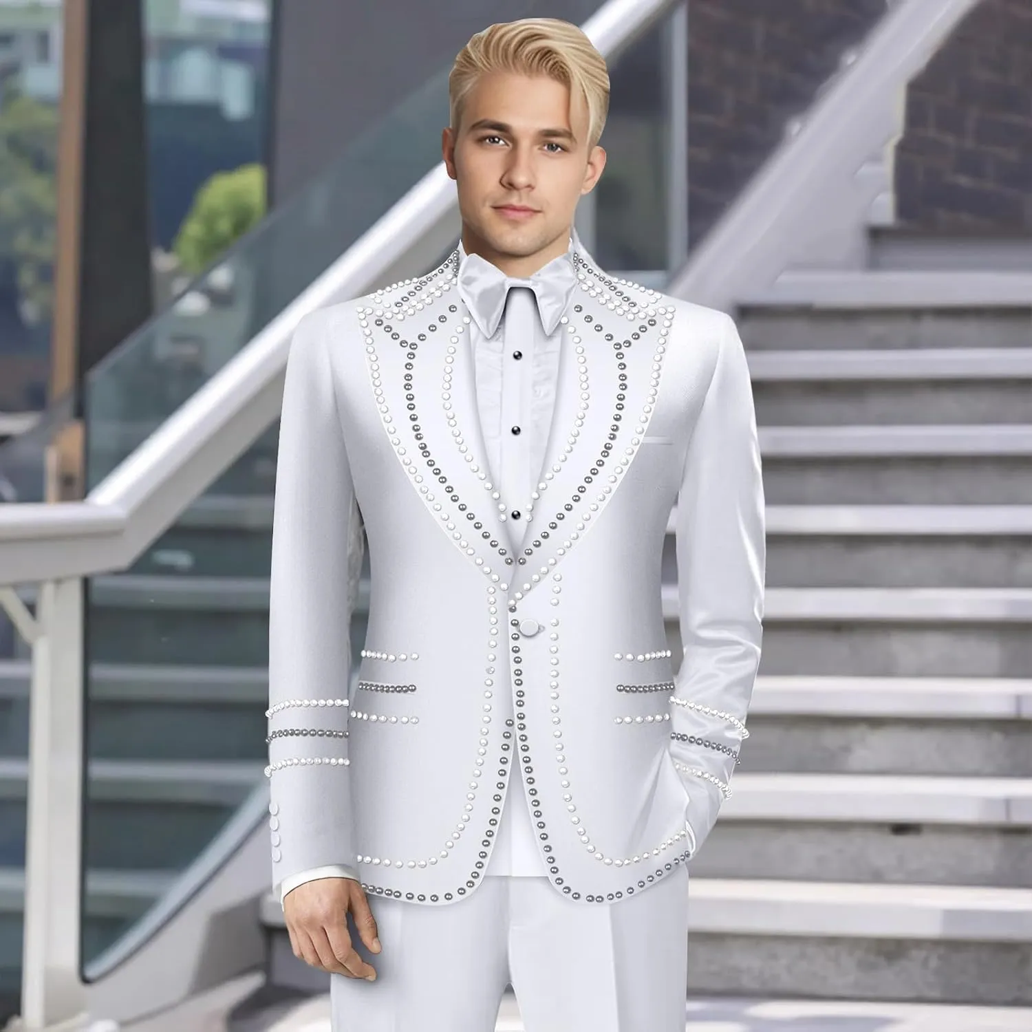 Oliexbley Men's 2 Piece Suits Beads One Button Dress Suit Slim Fit Tuxedo Jacket Blazer Pants Set for Wedding Business Prom