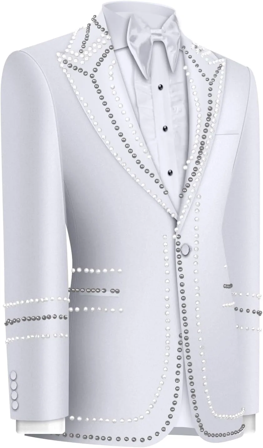 Oliexbley Men's 2 Piece Suits Beads One Button Dress Suit Slim Fit Tuxedo Jacket Blazer Pants Set for Wedding Business Prom