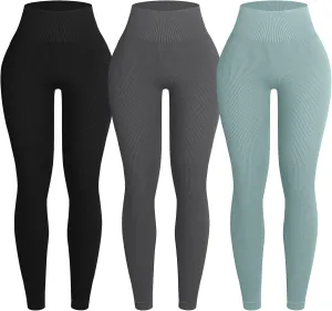 OVESPORT 3 Piece Ribbed Seamless Leggings for Women High Waist Workout Gym Athletic Yoga Pants