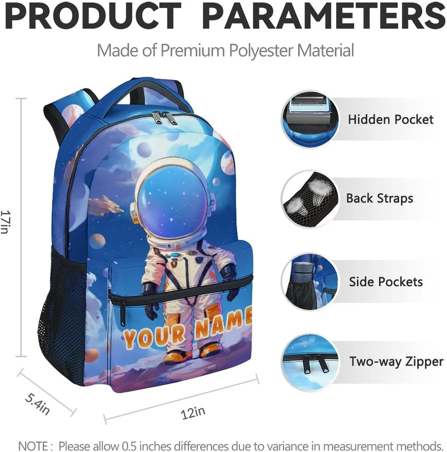 Personalized Astronaut School Backpack for Boys - 17 Inch Colorful Backpacks for Teens - Lightweight Funny Bookbag for Highschool
