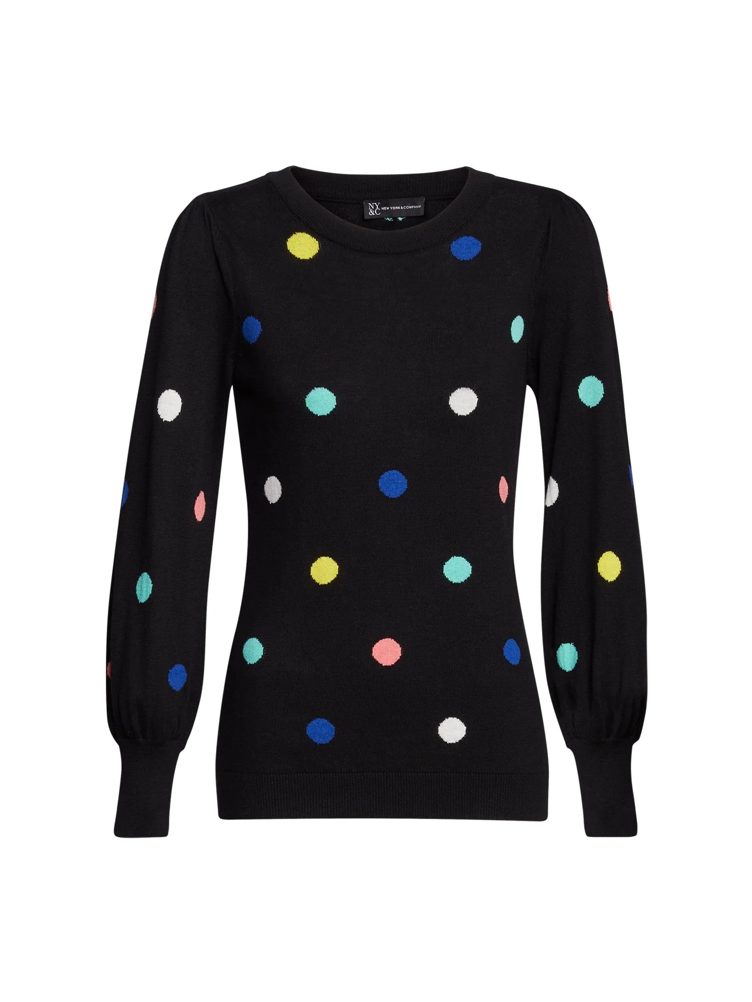 Polka-Dot Puff-Sleeve Crewneck Sweater