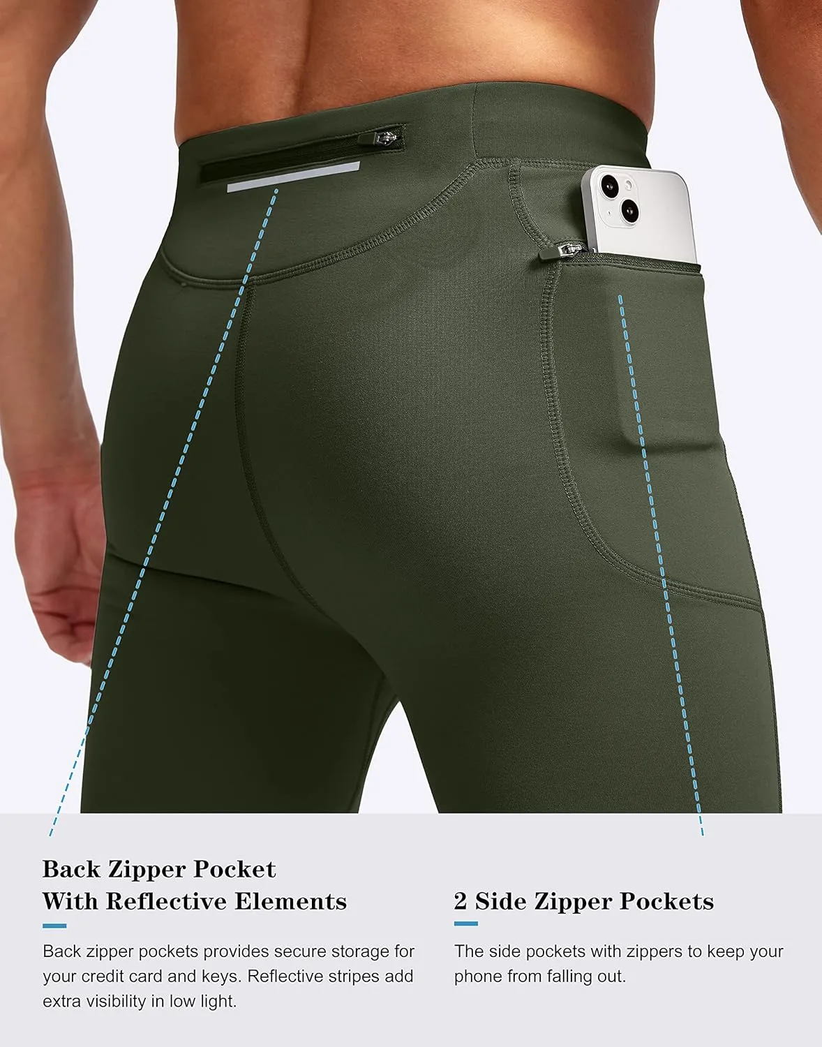 Pudolla Men's Thermal Running Tights with 3 Zipper Pockets Workout Compression Leggings Cycling Pants for Men Hiking Jogging