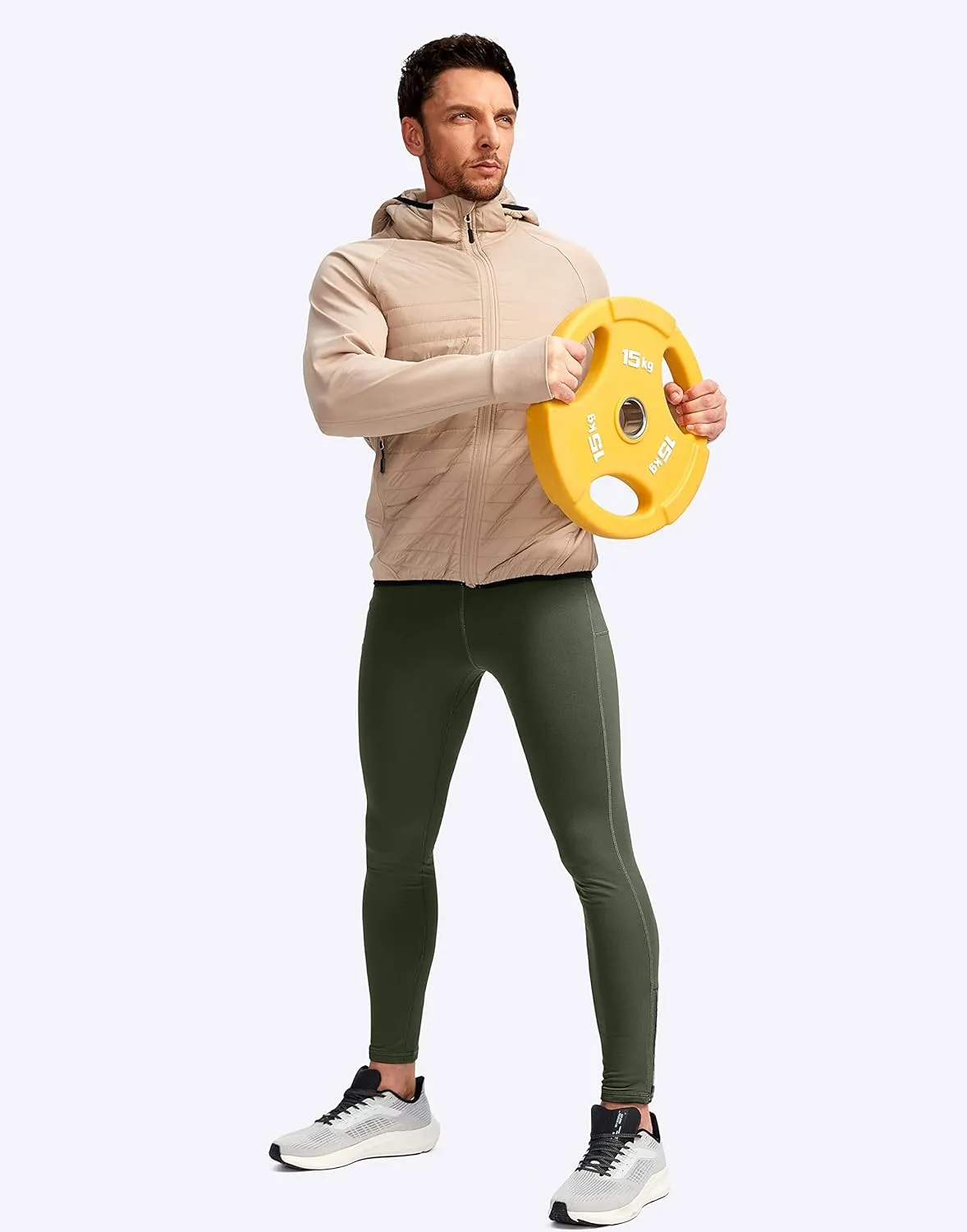 Pudolla Men's Thermal Running Tights with 3 Zipper Pockets Workout Compression Leggings Cycling Pants for Men Hiking Jogging