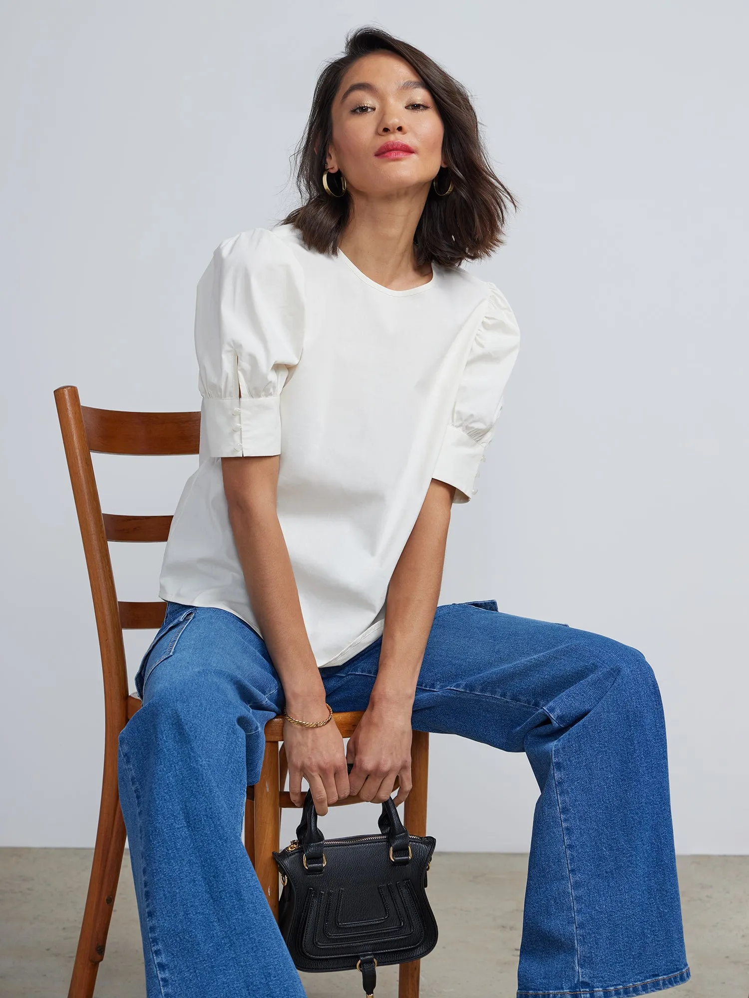 Puff-Sleeve Poplin Top