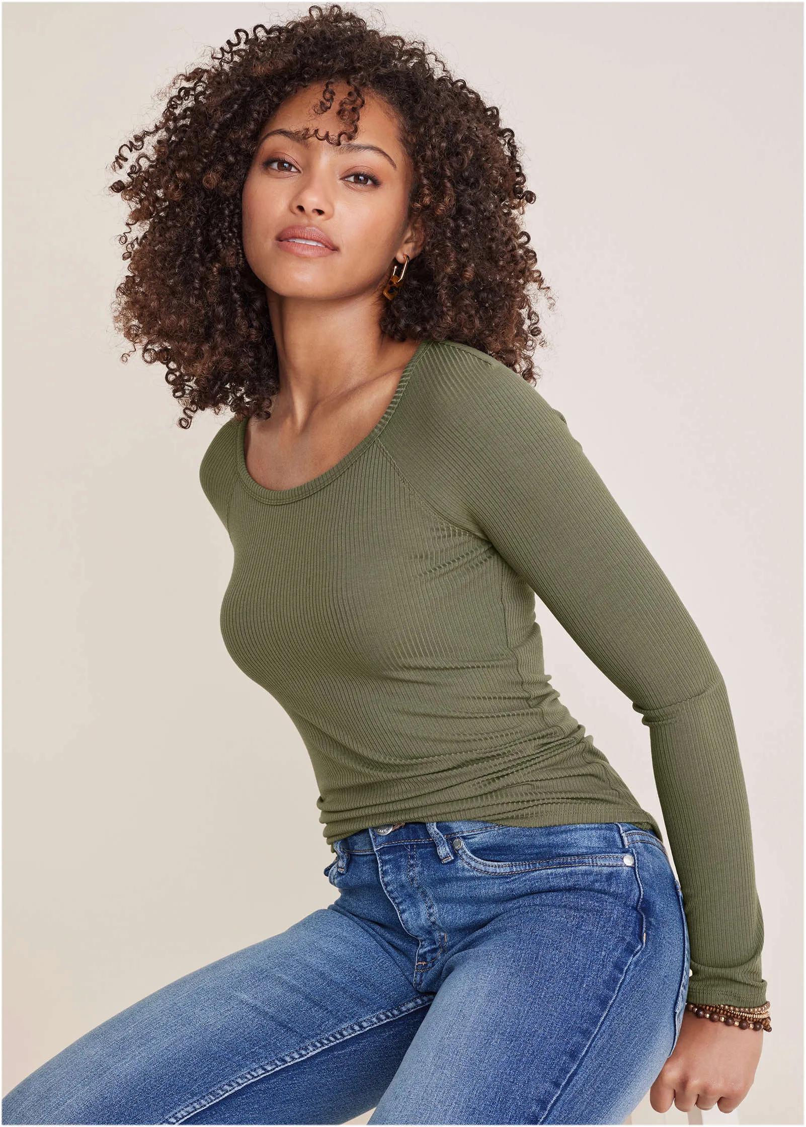 Ribbed Crew Neck Top - Olive