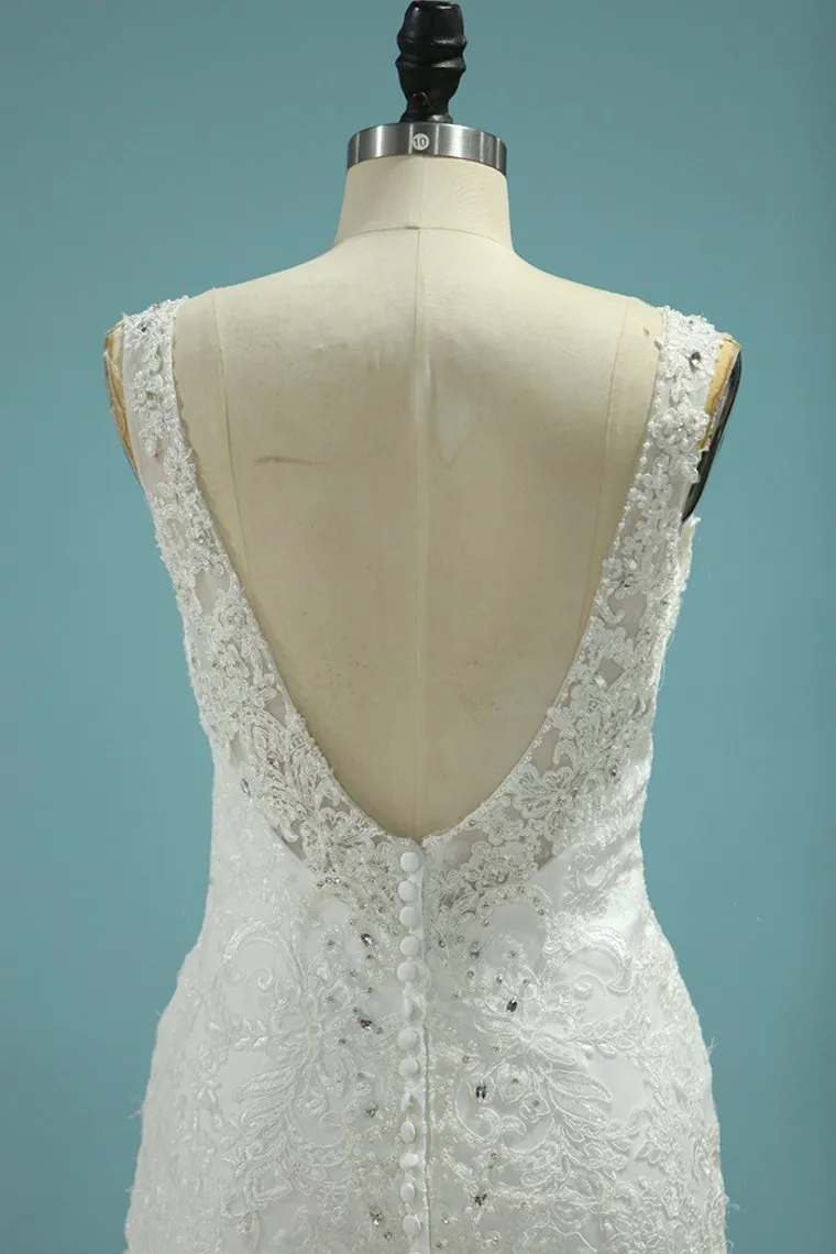 Romantic Wedding Dresses 2024 Mermaid/Trumpet V-Neck Court Train Beaded Tulle Open Back With Zipper