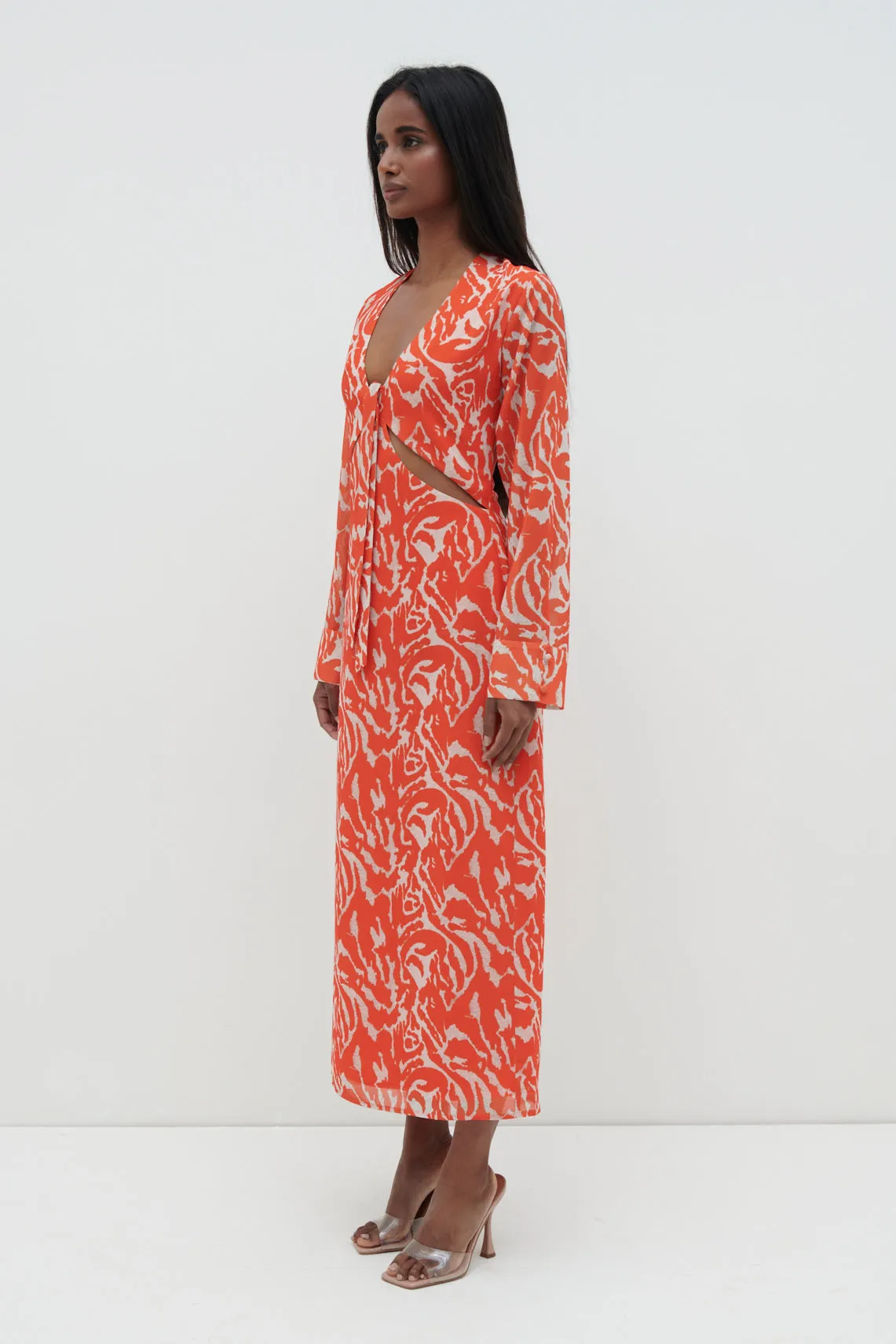 Rosslyn Tied Long Sleeve Midaxi Dress - Orange Zebra