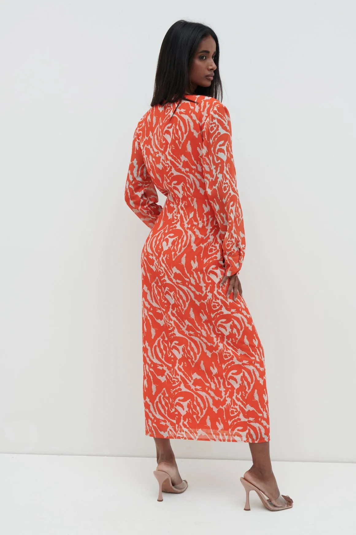 Rosslyn Tied Long Sleeve Midaxi Dress - Orange Zebra