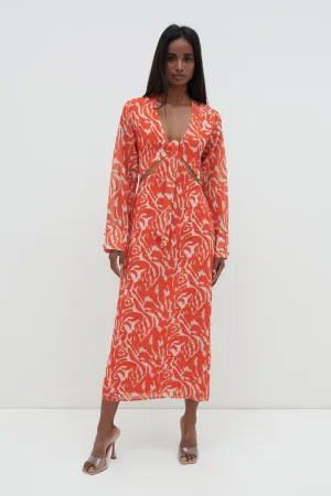 Rosslyn Tied Long Sleeve Midaxi Dress - Orange Zebra