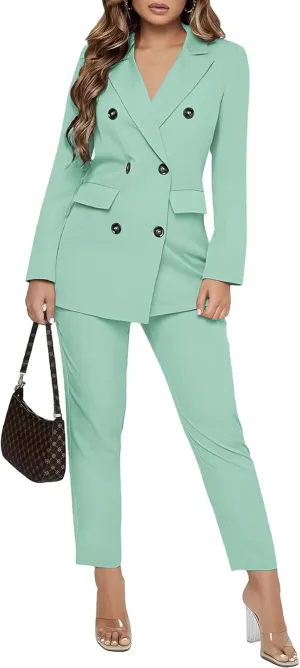 SAROULU Double Breasted Women Blazer Set Formal 2 Piece Pants Outfits Long Sleeve Bussines Suit Set for Work Office