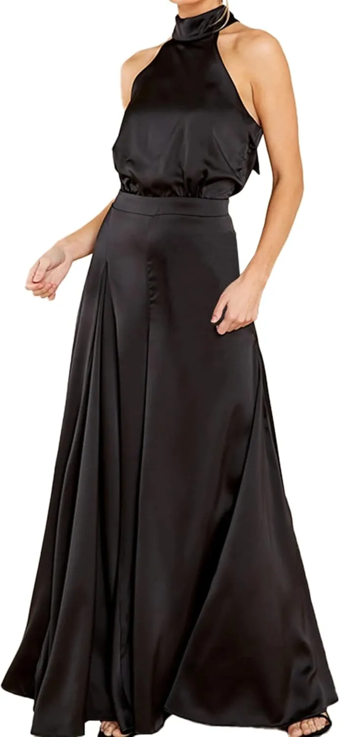 SDEER Womens Sleeveless Halter Tied Jumpsuit with Pockets High Waist Wide Leg Pants for Women