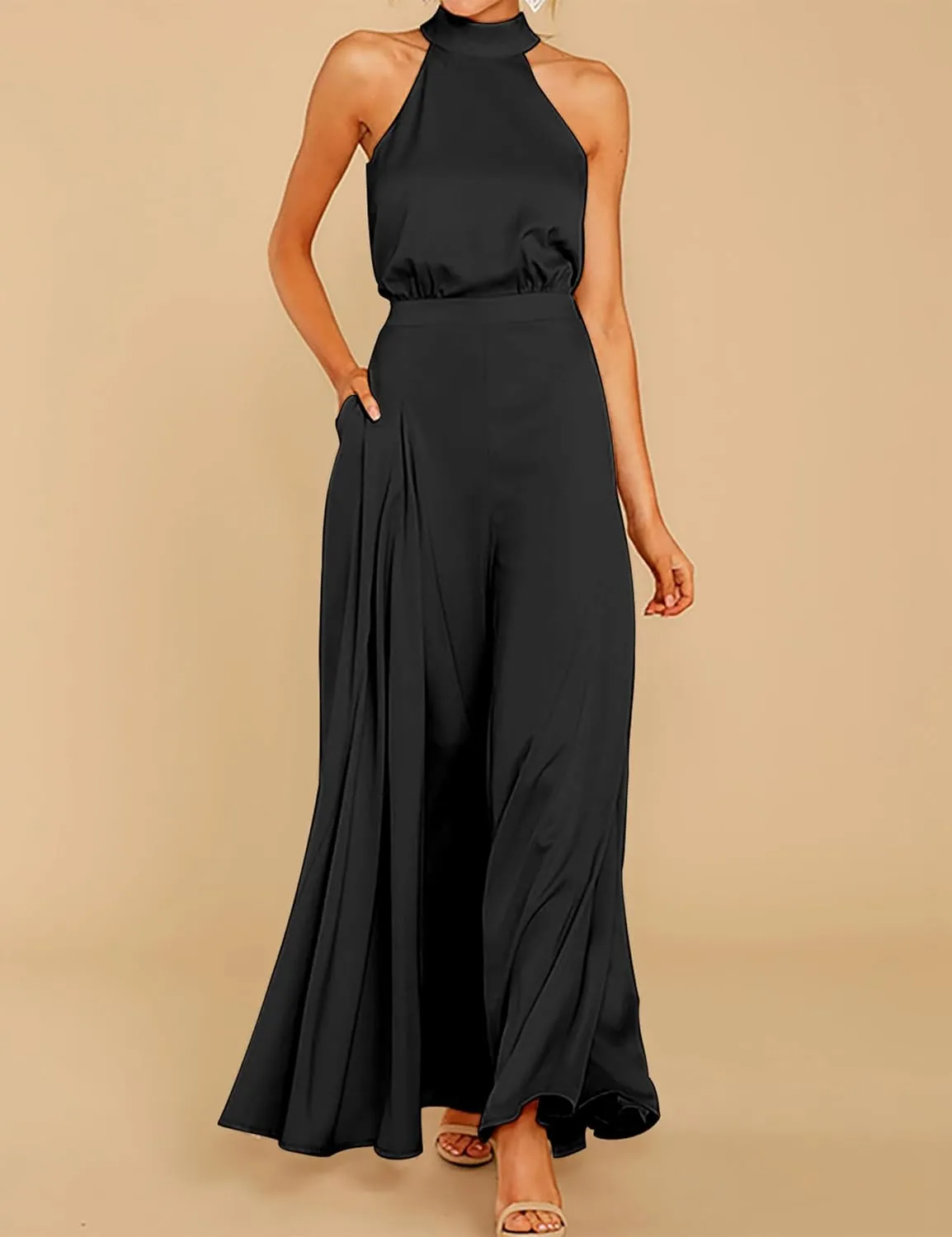 SDEER Womens Sleeveless Halter Tied Jumpsuit with Pockets High Waist Wide Leg Pants for Women