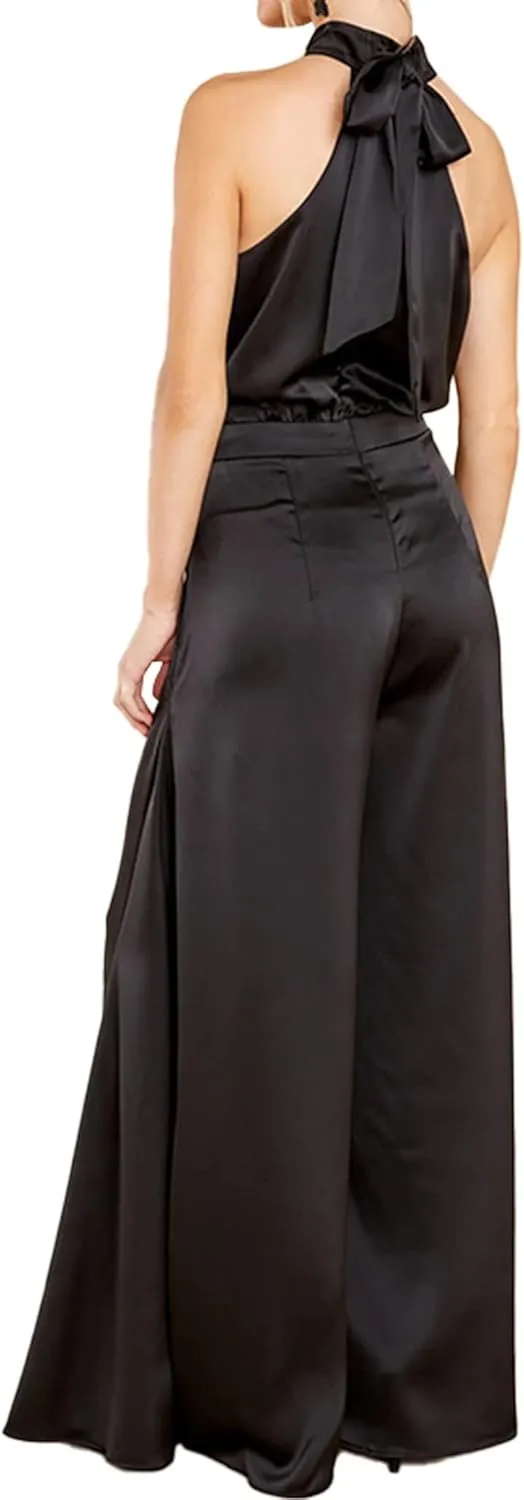 SDEER Womens Sleeveless Halter Tied Jumpsuit with Pockets High Waist Wide Leg Pants for Women