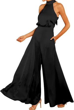SDEER Womens Sleeveless Halter Tied Jumpsuit with Pockets High Waist Wide Leg Pants for Women