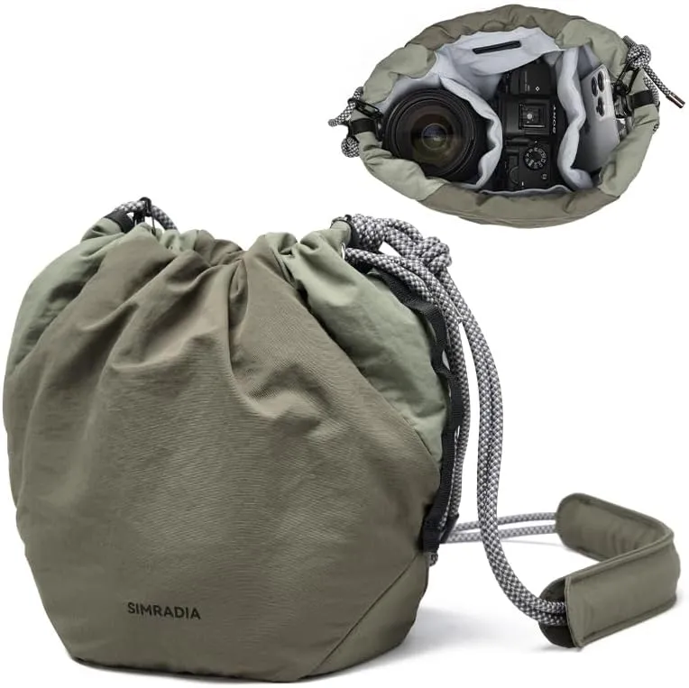 SIMRADIA Small Camera Bag, 5L Soft Camera Purse for Women, Drawstring Magnetic Closure Bag Compatible with Mirrorless Cameras/Nikon/Canon/Sony/Fujifilm, Oxford Lightweight Camera Case (green)