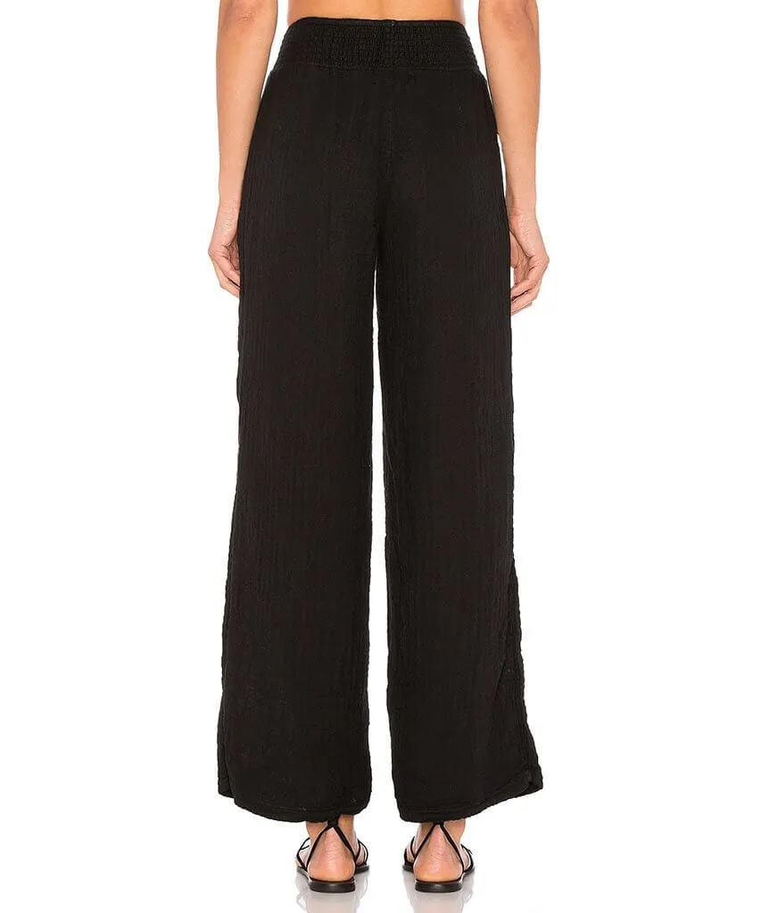 Smocked Wide Leg Gauze Black Pant