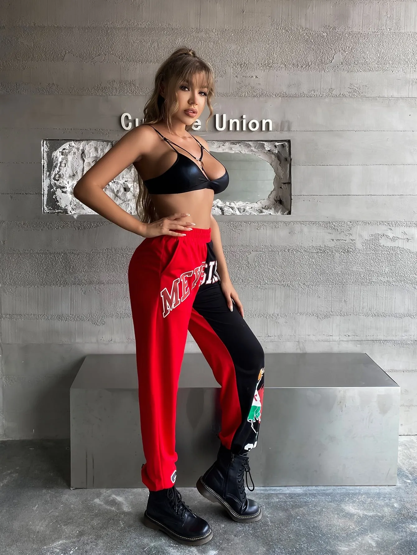 Sporty Colorblock Drawstring Natural Long Women Pants