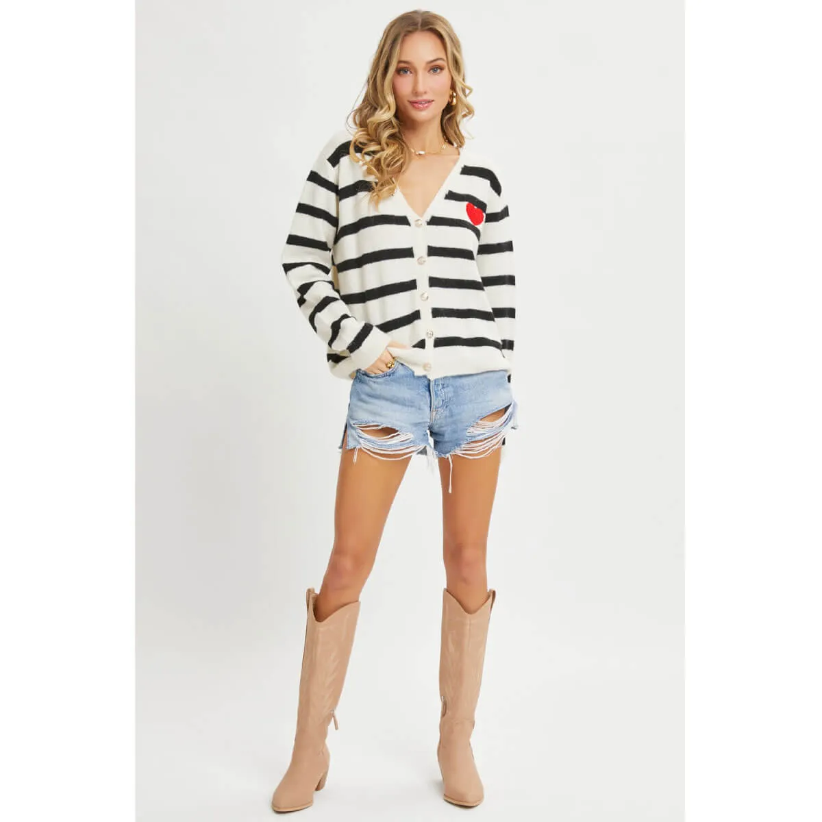 Striped Cardigan Sweater with Heart Patch