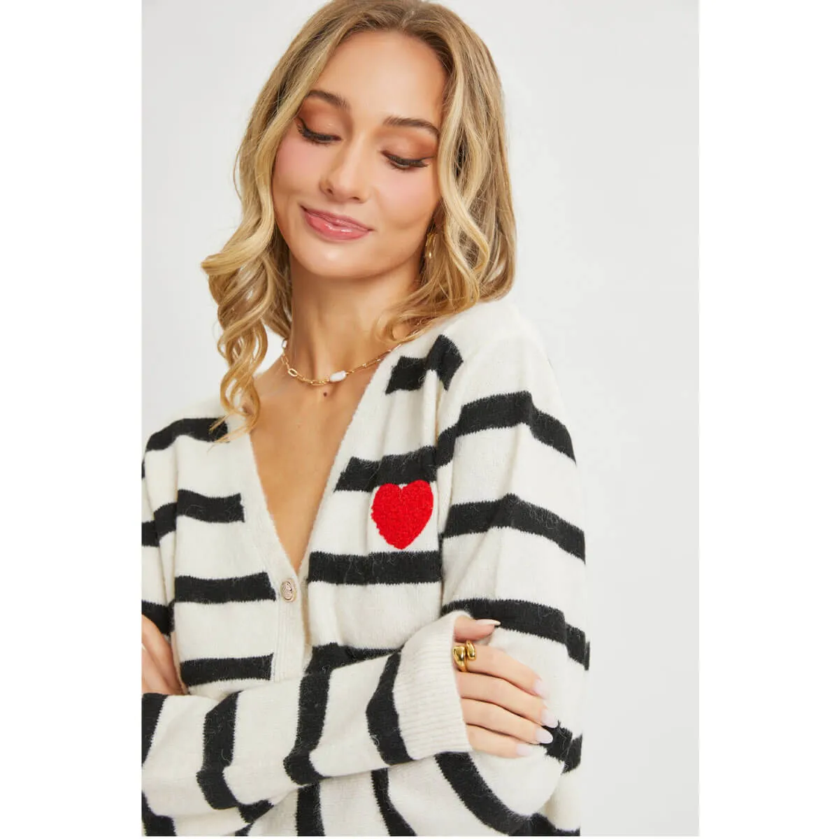 Striped Cardigan Sweater with Heart Patch