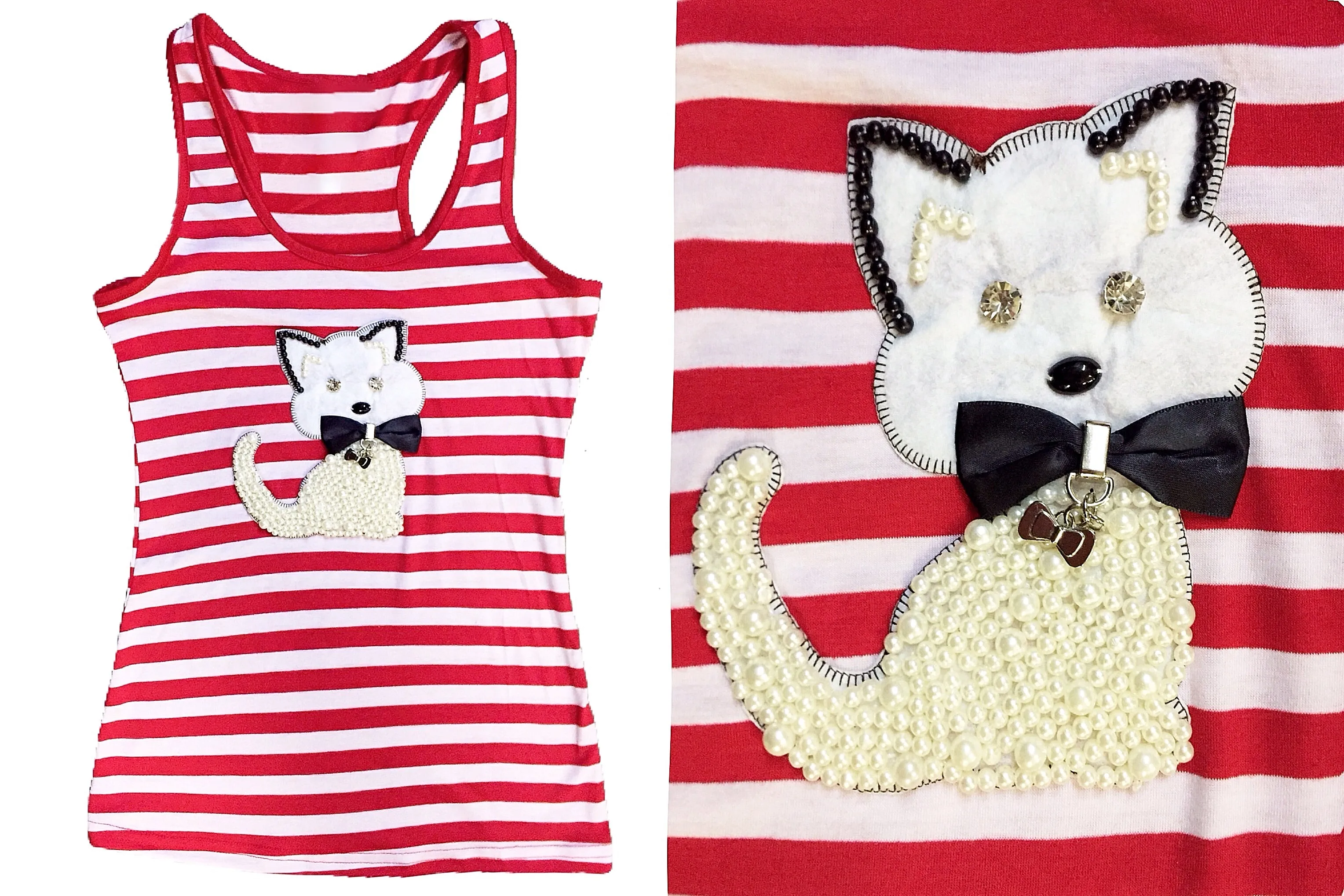 Striped Tank Tops & Shirts with Pearl Rhinestones
