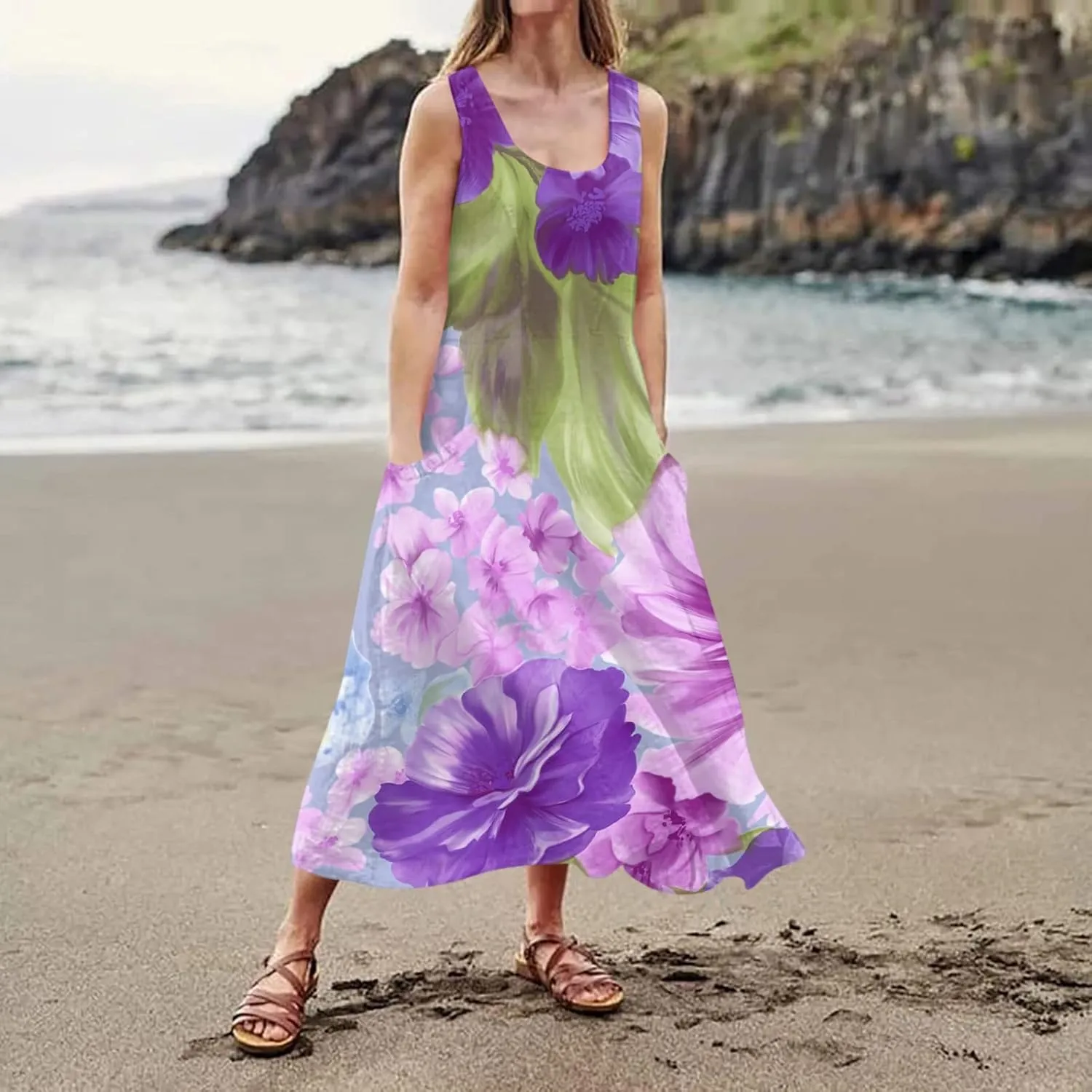 Sundresses for Womens Casual Sleeveless Cotton Linen Long Dress Flowy Beach Floral Print Dresses with Pockets